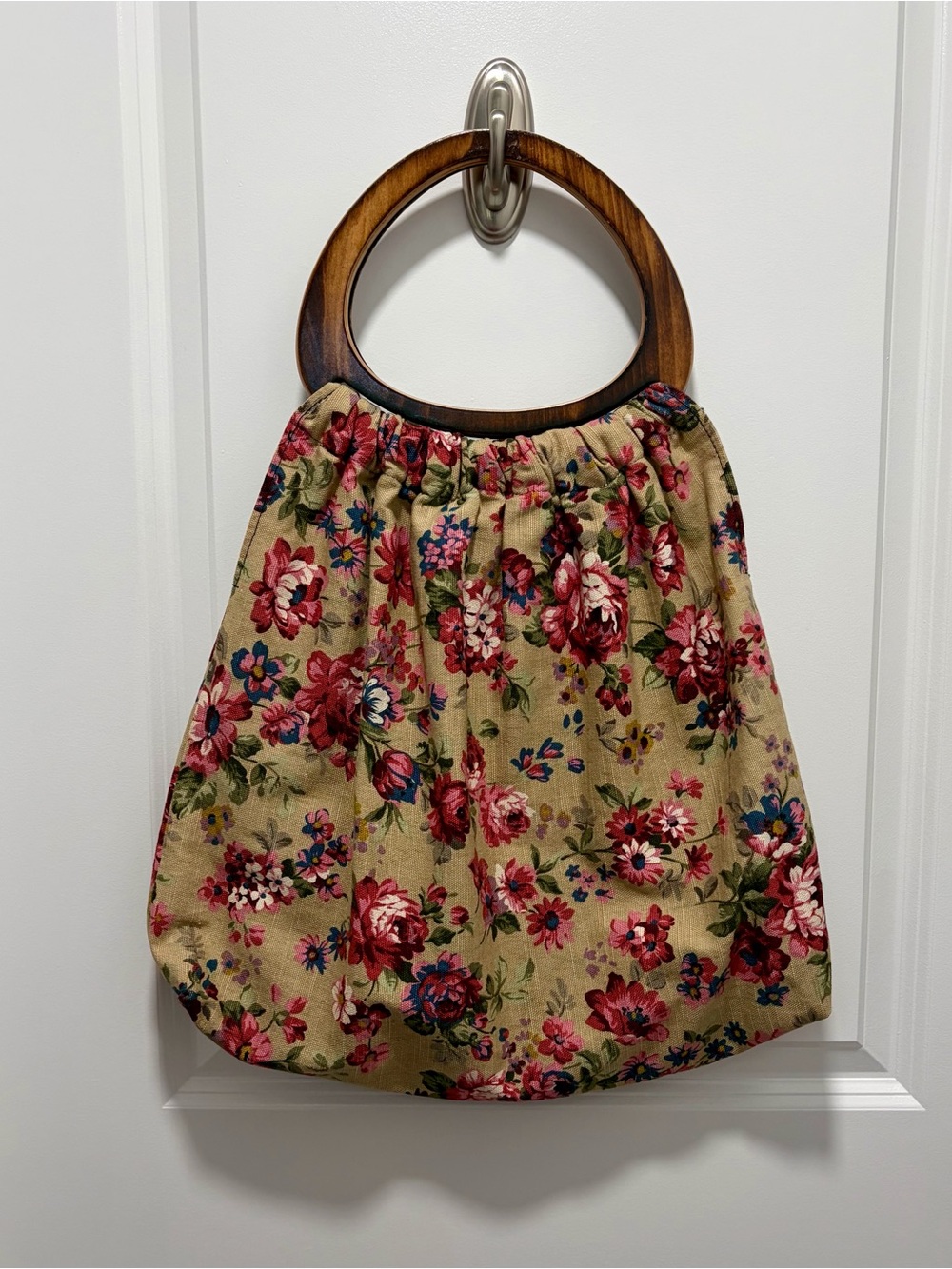 Japanese Retro Floral Canvas Tote with Wooden Handles